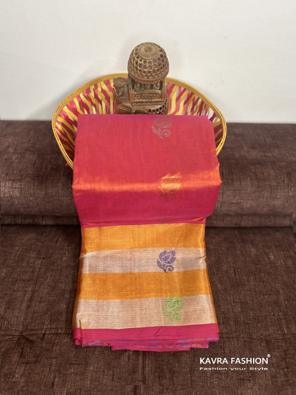 Venkatagiri Orange Handloom Silk Cotton Saree with Zari Border